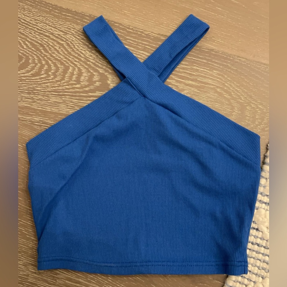 XS Blue Cropped Cross Neck Top